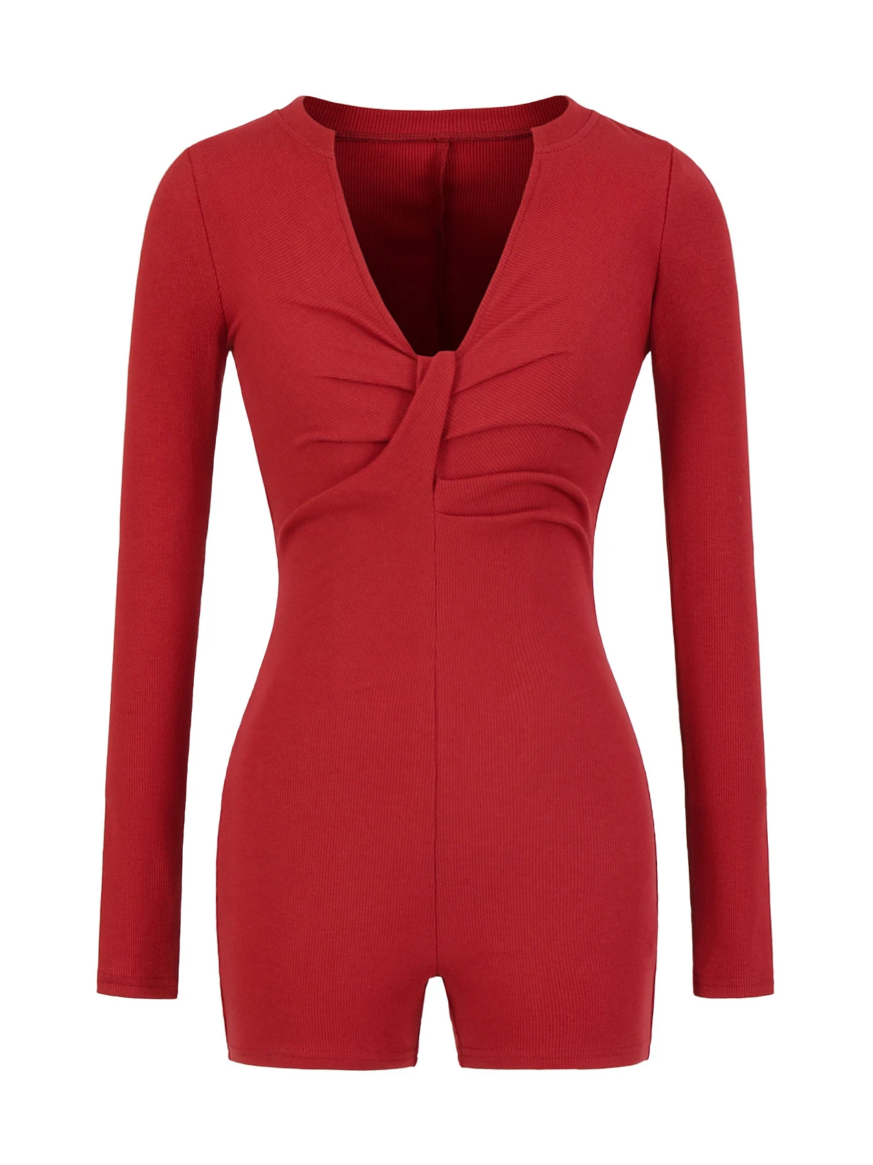 

American Retro Tie Waist Slimming Knot V-Neck Long Sleeve Onesie Women Sexy Spicy Short Pants High Waist Cotton Blend Fabric