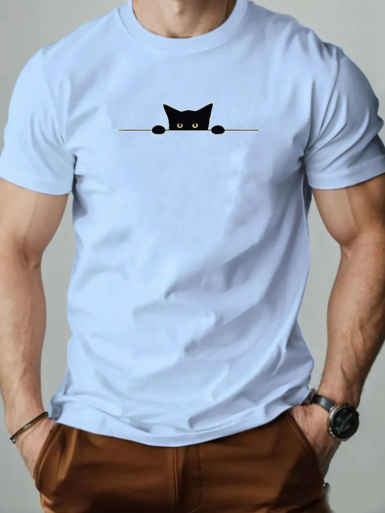 Men's 100% Cotton T-Shirt Shy Kitten Cartoon Print Summer round Neck Casual Short Sleeve Breathable Fashion Top for Cats Lovers