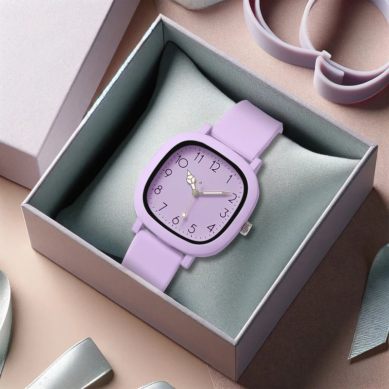 1 piece women's purple tape sports style beautiful girl square Arabic scale quartz watch