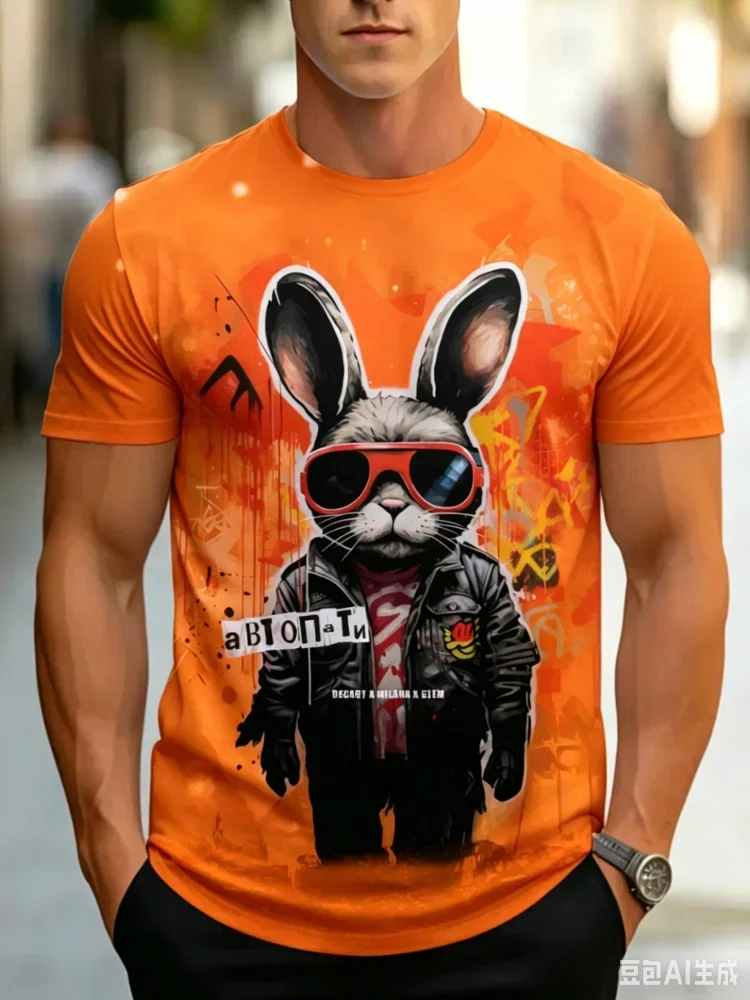 Trend Cool Rabbit Leather Jacket Sunglasses Graffiti Gradient Print Men T-shirt Urban Street Style Short Sleeve Tops Fashion Tee