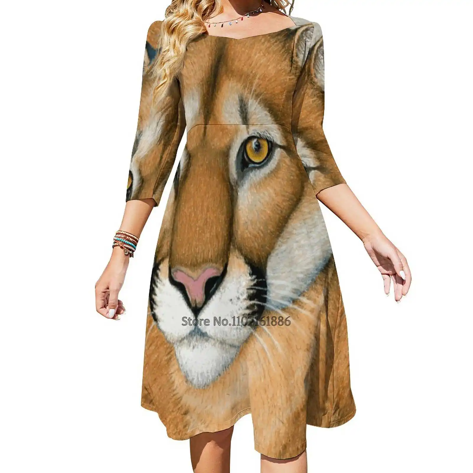 

Cougar Mountain Lion Wild Cat Portrait Back Lacing Backless Dress Square Neck Dress Sweet Elegant Dress Cougar Mountain Lion