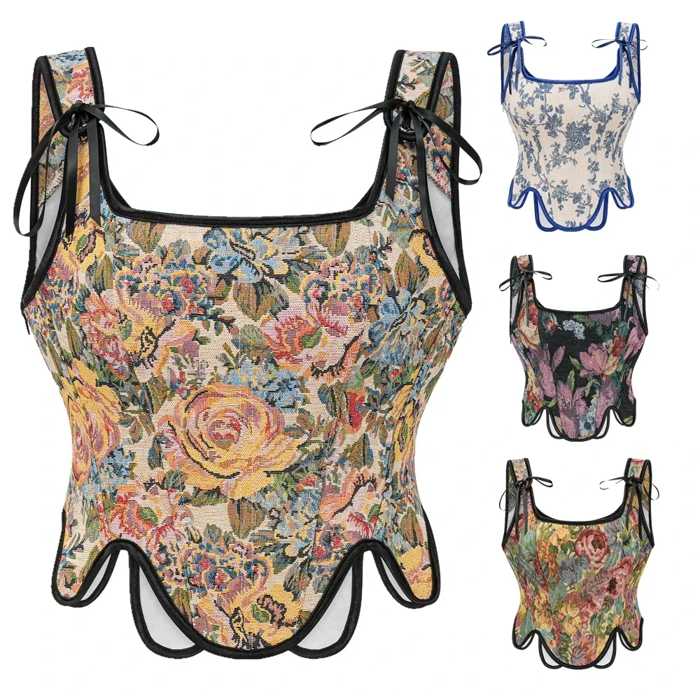

Women Retro Print Floral Corset Lace Up Gothic Vintage Overbust Bustier Victorian Waist Cincher Tank Top Sexy Lingerie