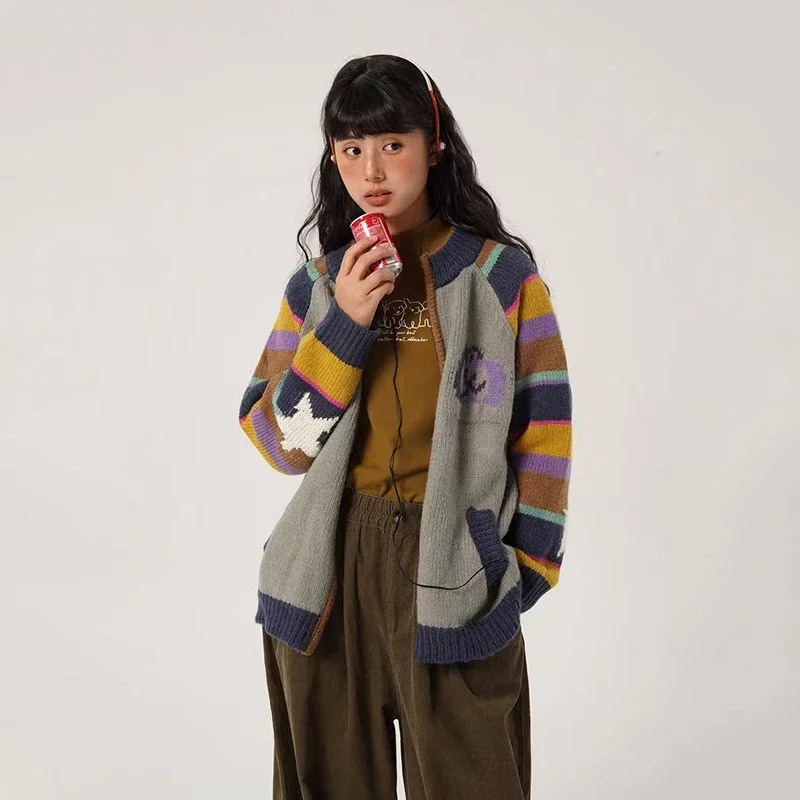 

Винтажный свитер в радужную полоску для женщин, новый зимний мягкий вязаный кардиган с длинными рукавами, женский Harajuku, свободное пальто на молнии с круглым вырезом