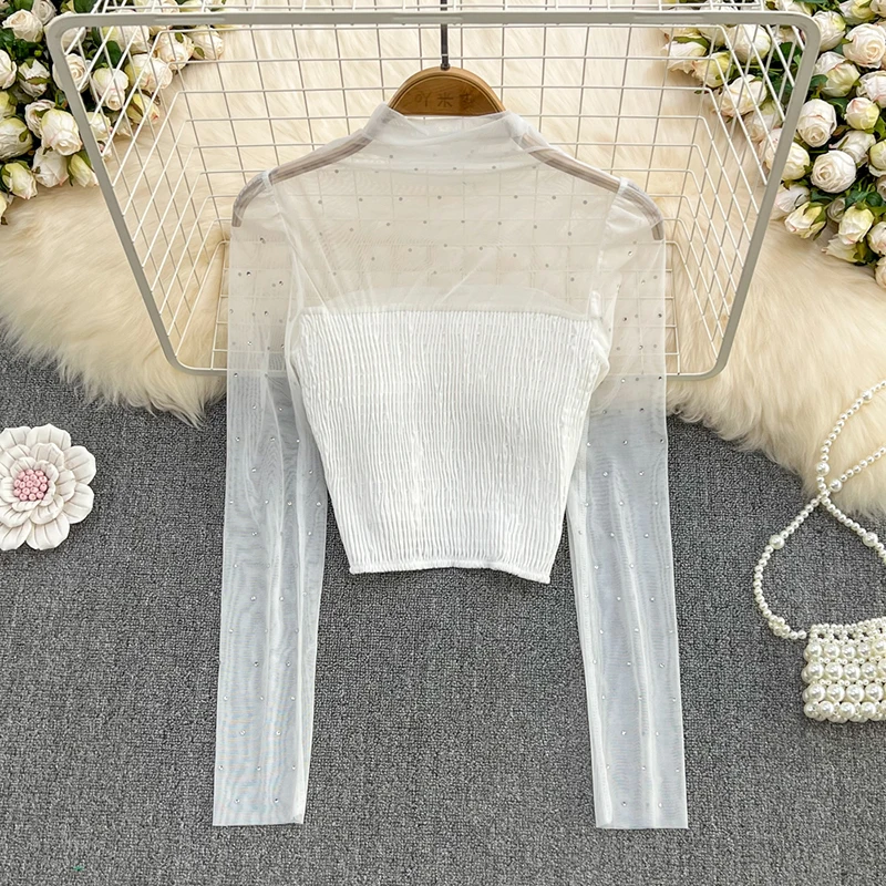 2023 Guaze Short Blouse with Chest Padding Slim Streetwear Hot Girls Patchwork Embroidery Flares Long Sleeve Tops