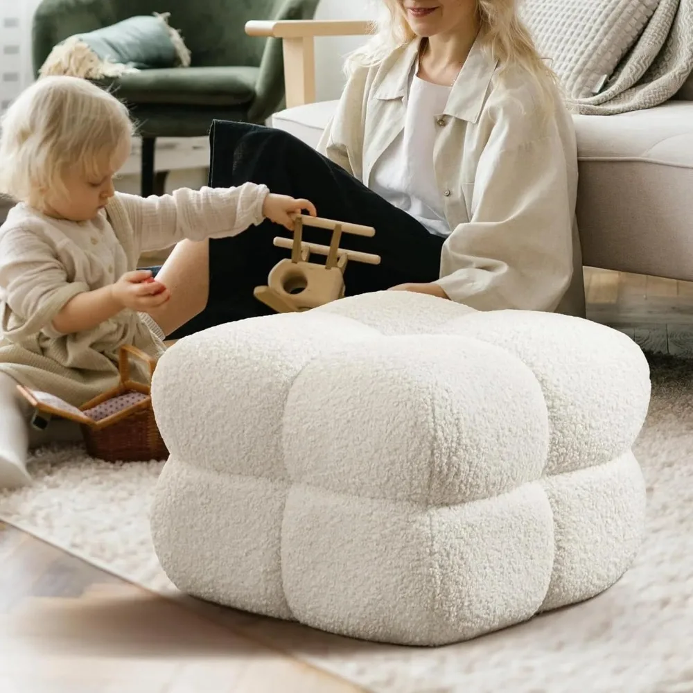 Square Pouf Modern Ottoman Coffee Table for Living Room, Fuzzy Sherpa Ottoman Foot Rest, Upholstered Tufted Stool for Couch