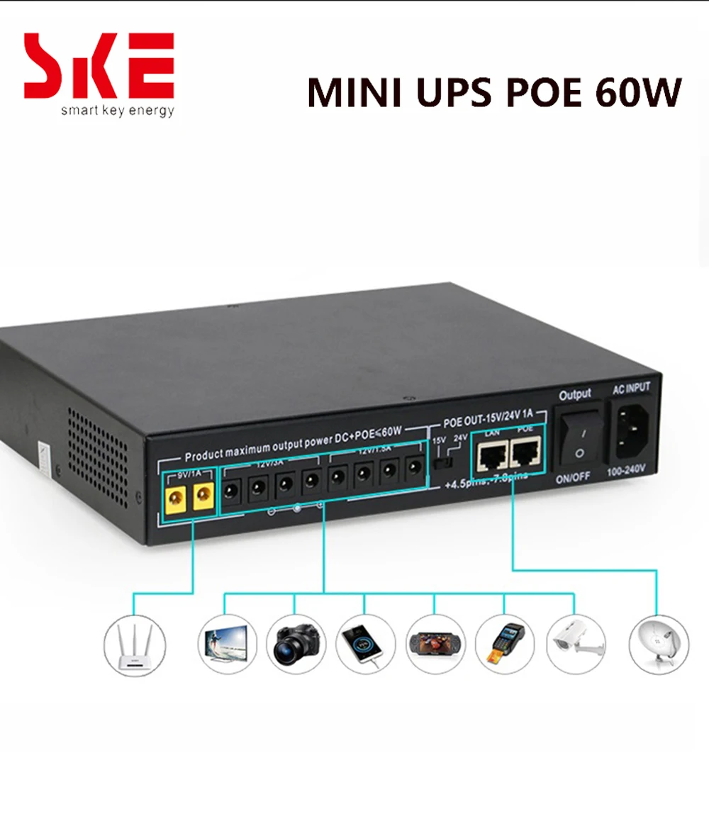 SKE Mini DC UPS POE 60W UPS 8*2200mah Battery Portable Battery Backup Uninterrupted Power Supply Output DC POE For Many Device