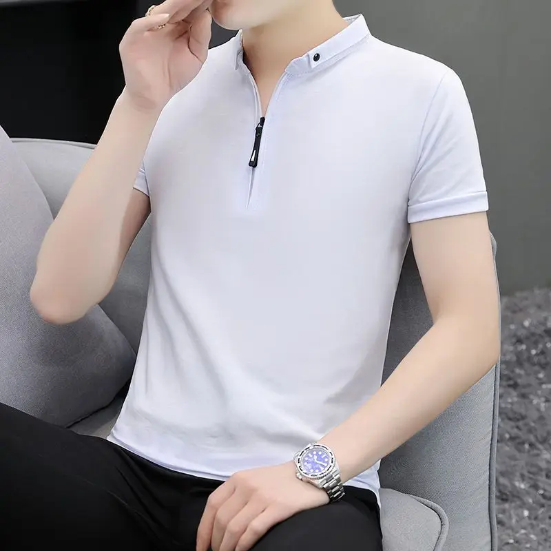 Men's Pure Cotton Short-sleeved Half-zipper POLO Shirt Small Collar Korean Slim Base Shirt Comfortable Casual Versatile T-Shirts