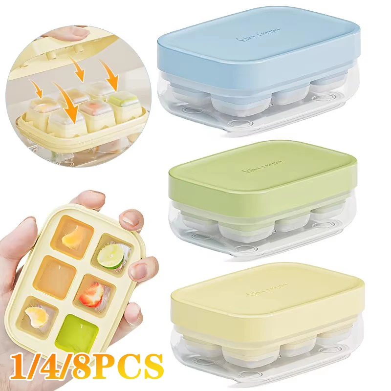 

1/4/8Pcs Push Ice Cube Mould Ice Compartment Mini Summer Ice Mould Ice Storage Box Home Square Silicone Ice Cube Mould with Lid