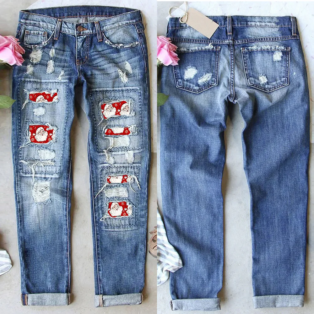 

Christmas Patch Ripped Jeans 2026 New High Waist Straight Leg Denim Pants Women Casual Festive Streetwear Gift Idea