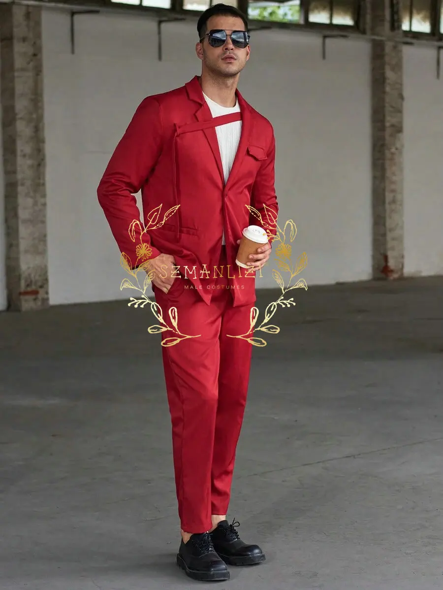 Fashionable Casual Men's Suits Red Tuxedo Notched Lapel Blazer Sets Customized Formal Wear Prom Evenings Dinner Party Suits