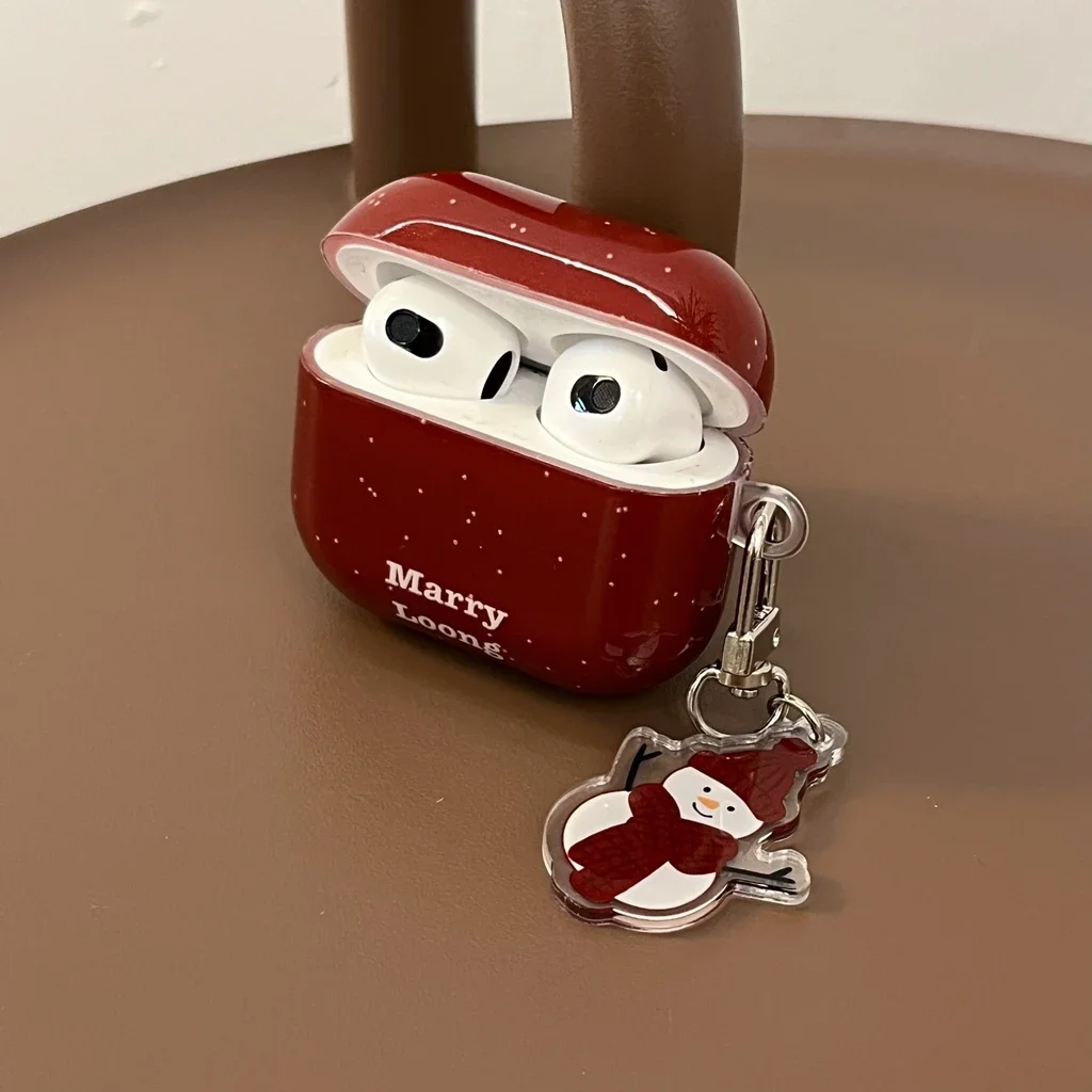 Christmas Red Full Screen White Ink Dots Cute Snowman Telephone Line Pendant Case Cover for AirPods 1 or 2 3 4 AirPods Pro Pro 2