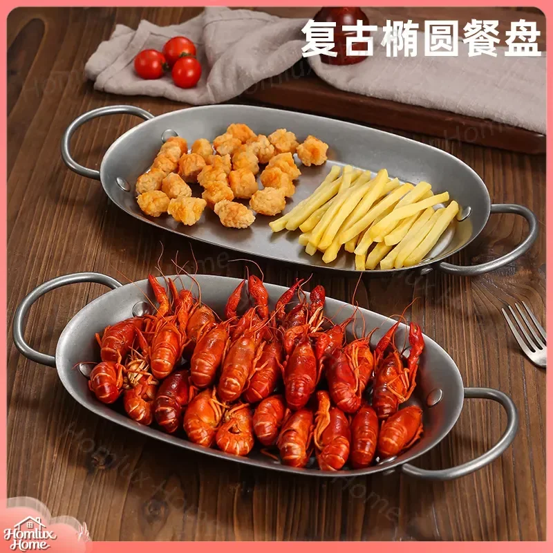 Vintage Oval Stainless Steel Dining Plate for Bar Bistro Restaurant BBQ Lobster Cheese Western Food Fried Lemon Fish