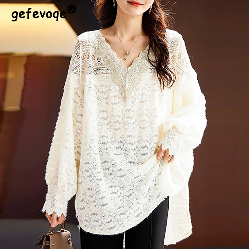 Spring Autumn V-neck Elegant Fashion Beading Lace Shirt Ladies Long Sleeve Oversized Pullovers Women Loose Casual Frosted Blouse