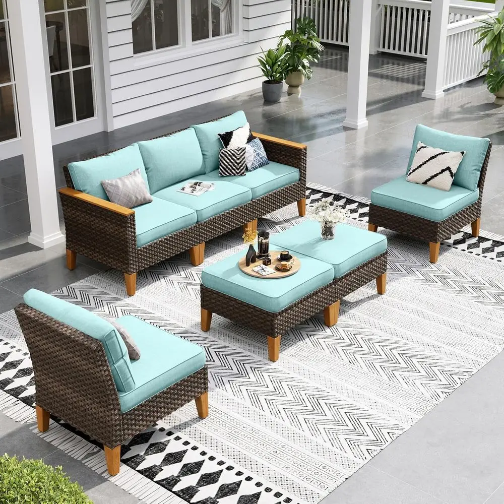 

Blue 7-Piece Outdoor Sectional Patio Furniture Set with All-Weather Wicker Sofa for Backyard Deck