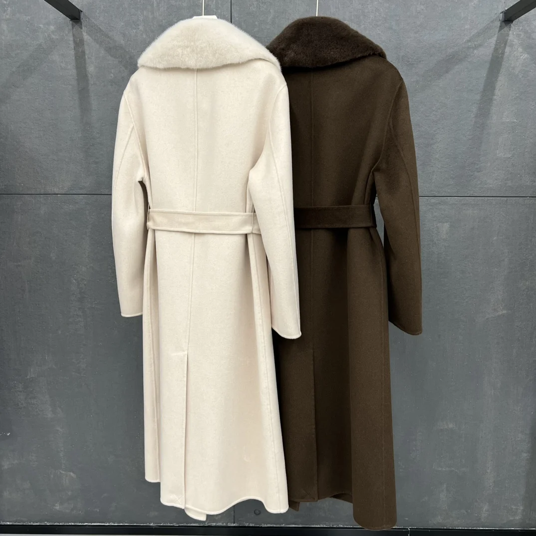 Langer Kaschmirmantel im minimalistischen Stil für Damen 2025, neuer eleganter und stimmungsvoller Taillen-Schlankheits-Nerzpelzkragen