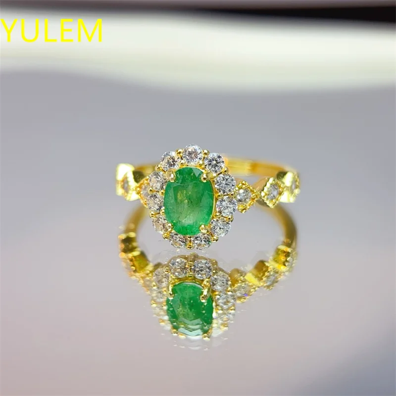 YULEM 5x7mm Natural Oval Cut Natural Emerald Ring with Real Silver 925 for Women Daily Wear