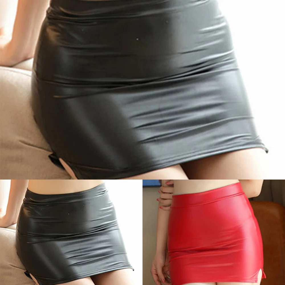 Sexy Women Summer PU Leather Side Split Mini Skirt High Waist Tight Stretch Elastic Wet Look Short Skirts Dress Female Clothing