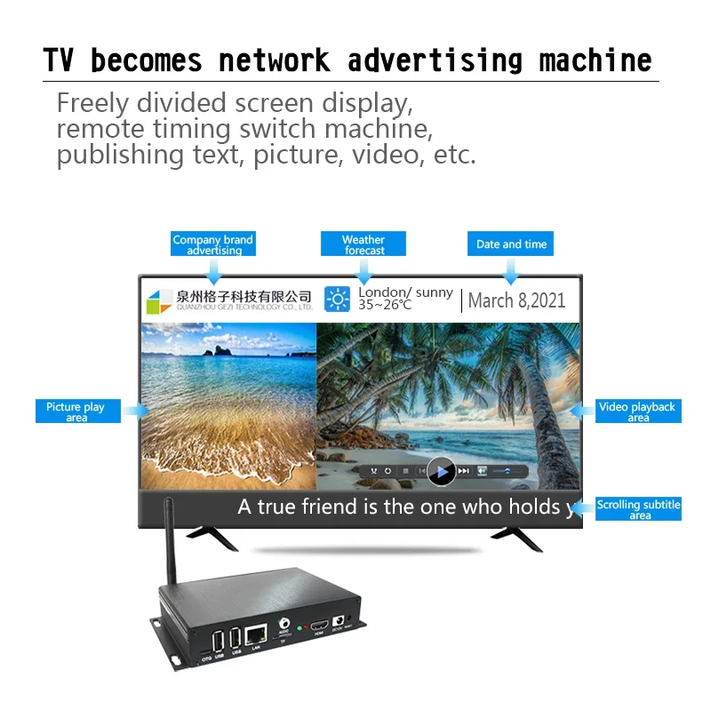 Digital Signage Player,4K WiFi/LAN  Advertising Media Player Box, Play Video, Picture and Rolling Subtitles,Split Screen Display