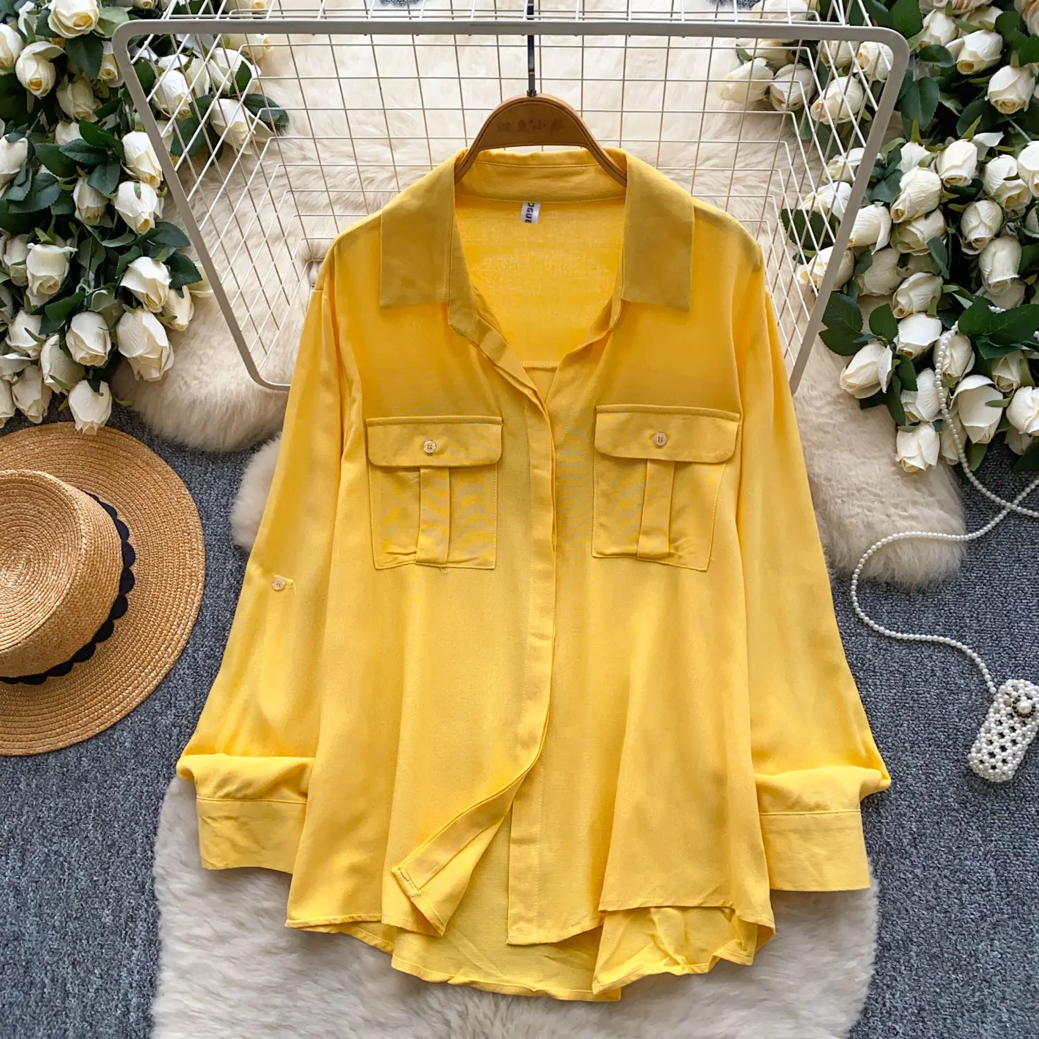 

Women Shirt Solid Tops Pocket Long Sleeves Turn Down Collar Single Breasted Slight Strech Loose Office Casual 2026 Spring Summer
