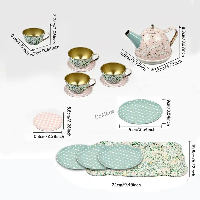 시뮬레이션 차 세트 주석 소재 티 파티 세트 장난감 식기 놀이 집 주방 오후 차 게임 장난감 어린이를위한 선물 소녀