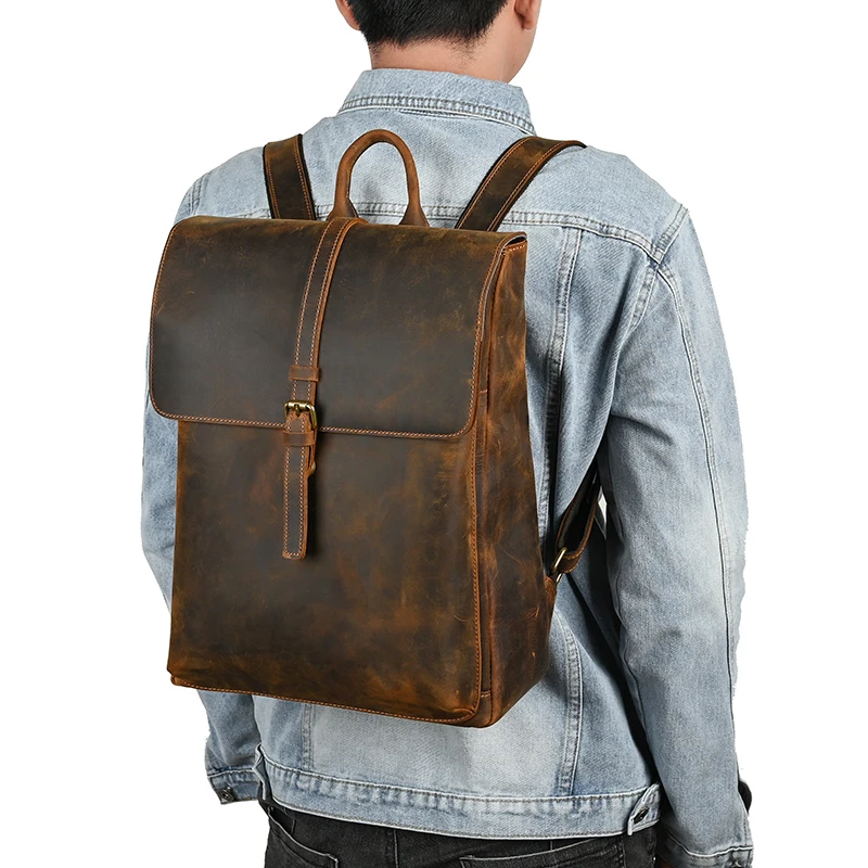 

Men Genuine Crazy Horse Leather Vintage Travel University College School Book Bag Designer Male Backpack Daypack Laptop Bag 1811