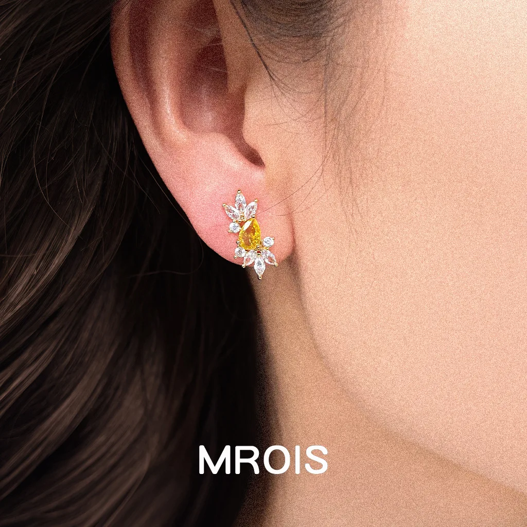 Original thick-plated real gold light luxury horse eye yellow zircon stud earrings niche design sense s925 silver needle high-en