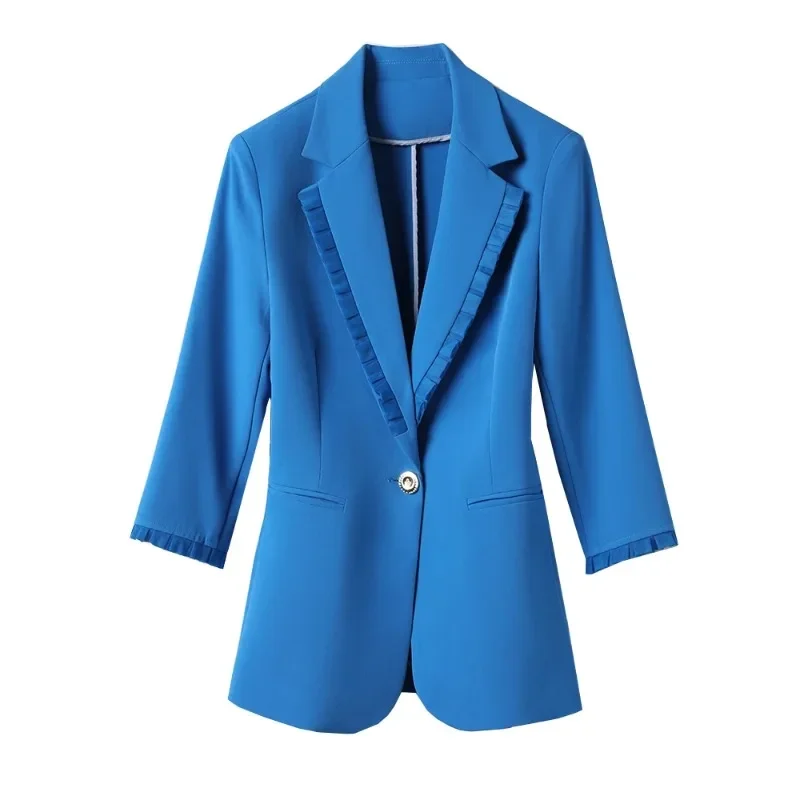 Blazer à manches trois-quarts pour femmes, veste formelle pour dames de bureau, mode féminine, blanc, bleu, monochrome, printemps, été