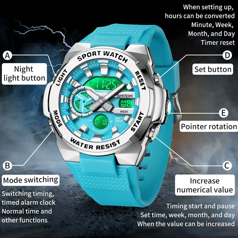 SANDA العلامة التجارية ساعات رياضية رجالية موضة رجالي الطلب الكبير التكتيكية العسكرية ساعة كوارتز ساعة اليد الذكور LED ساعة معصم للرجل