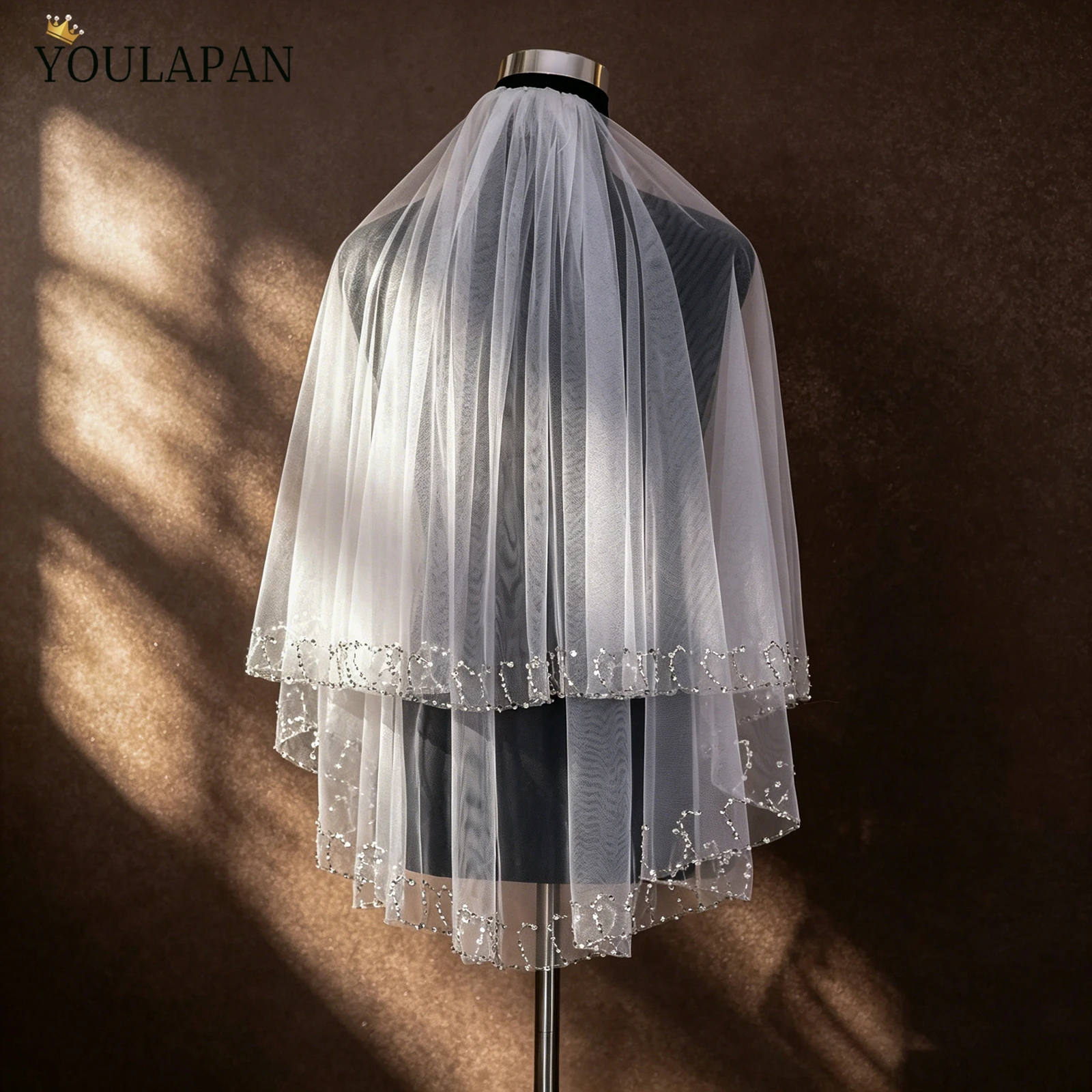 TOPQUEEN Sparkling Silver Tube Bead Edge VéU De Noiva Velo Sposa Alta Qualita With Crystal Edge 2 Tier Blusher Veil V367
