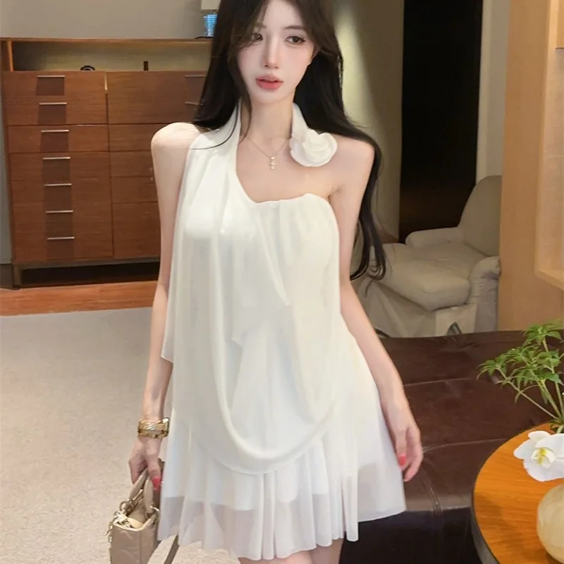 

Summer Floral Mesh Vacation Style Short Two-Piece Set with Halter Neck Strapless Top And Skirt for Women Casual Fashion