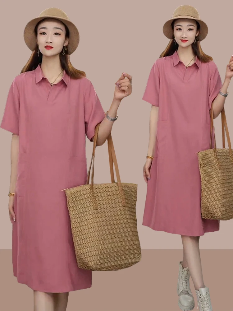 T-shirt décontracté à col de couleur Pure pour femmes, jupe ample couvrant le ventre, tendance coréenne Sle Midi Dr, nouvelle collection été