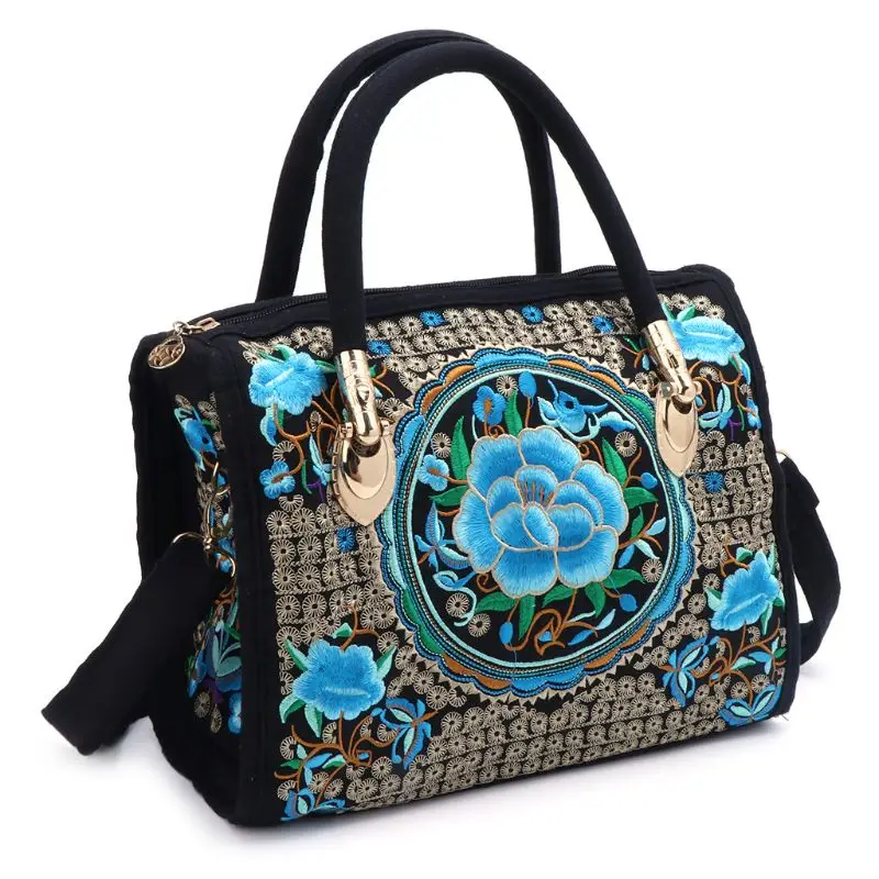 Women Floral Embroidered Handbag Ethnic Boho Canvas Shopping Tote Zipper Bag