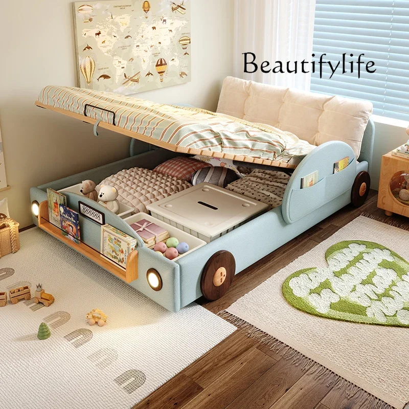 Tempat Tidur Anak Bentuk Mobil Sederhana dengan Rel Pengaman Kayu, Gaya Modern, Desain Balita, Tempat Tidur Single, Camas Infantiles, Furnitur Rumah