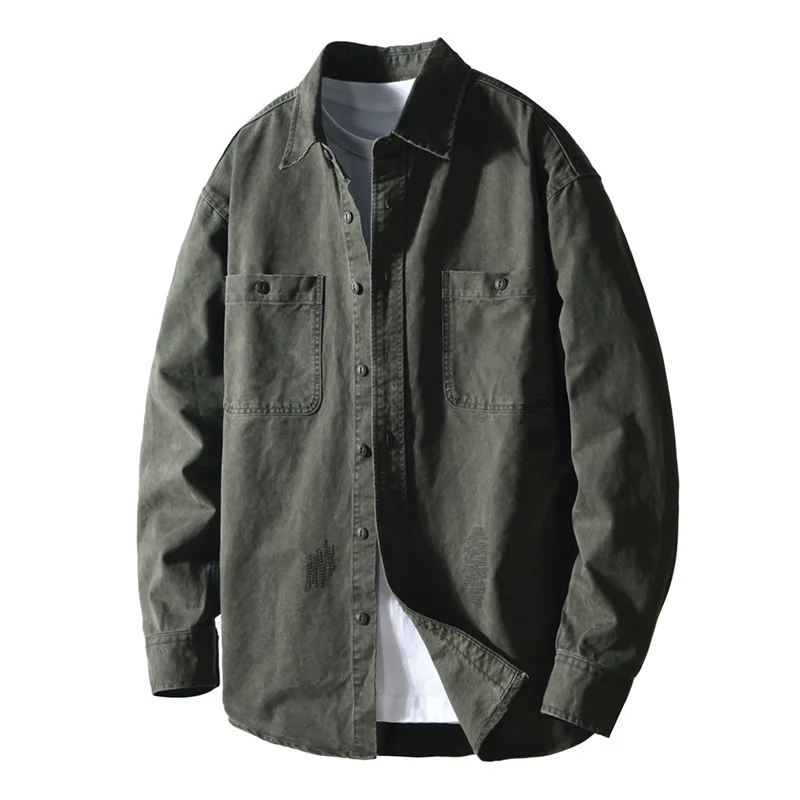 

Amekaji Heavyweight 300gsm Washed 100% Cotton Shirts for Men American Vintage Casual Workwear Jackets Autumn Retro Long Sleeve
