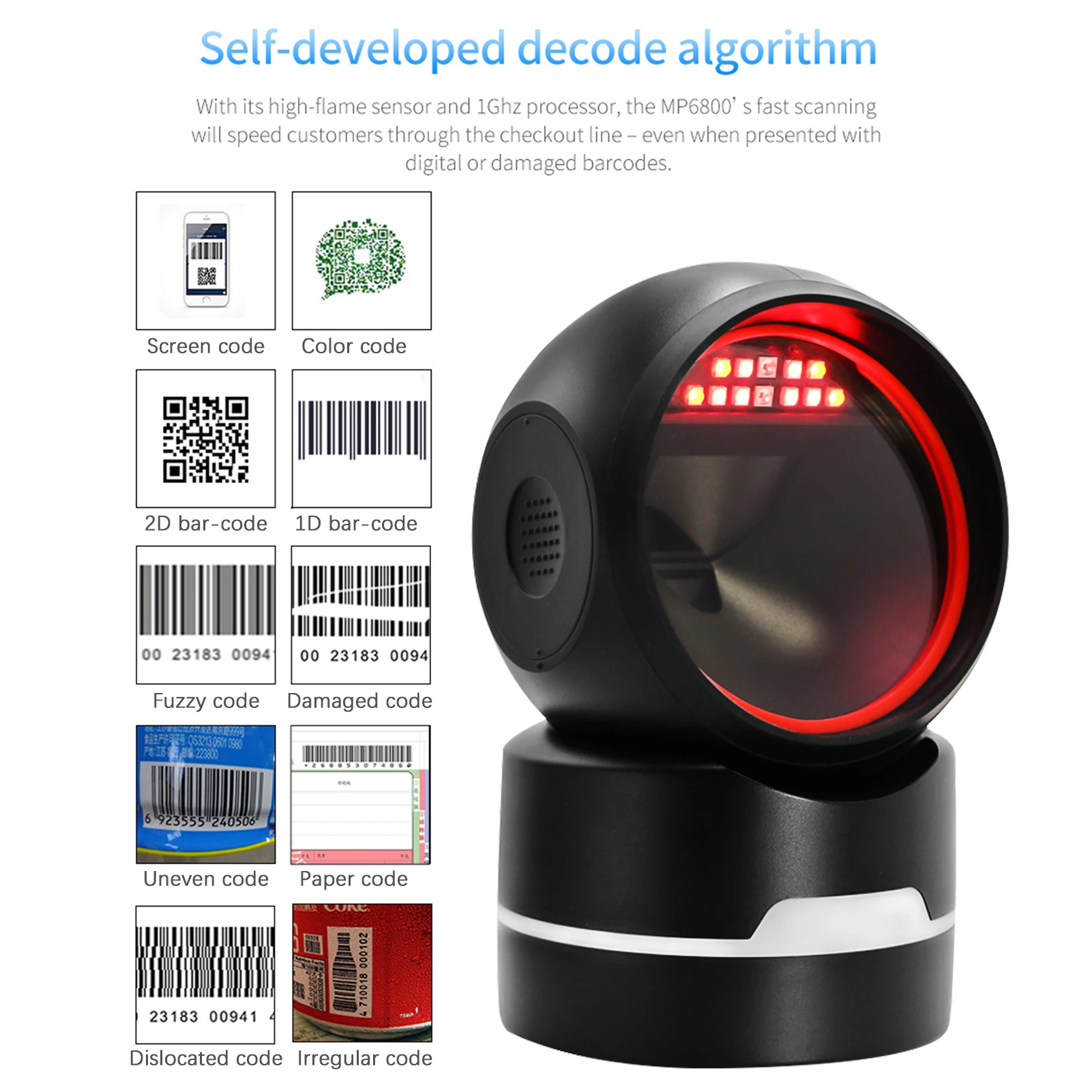 BISOFICE 1D 2D QR Desktop Wired Barcode Scanner Platform Hands-Free Automatic Sense Reader USB Port CMOS Sensor