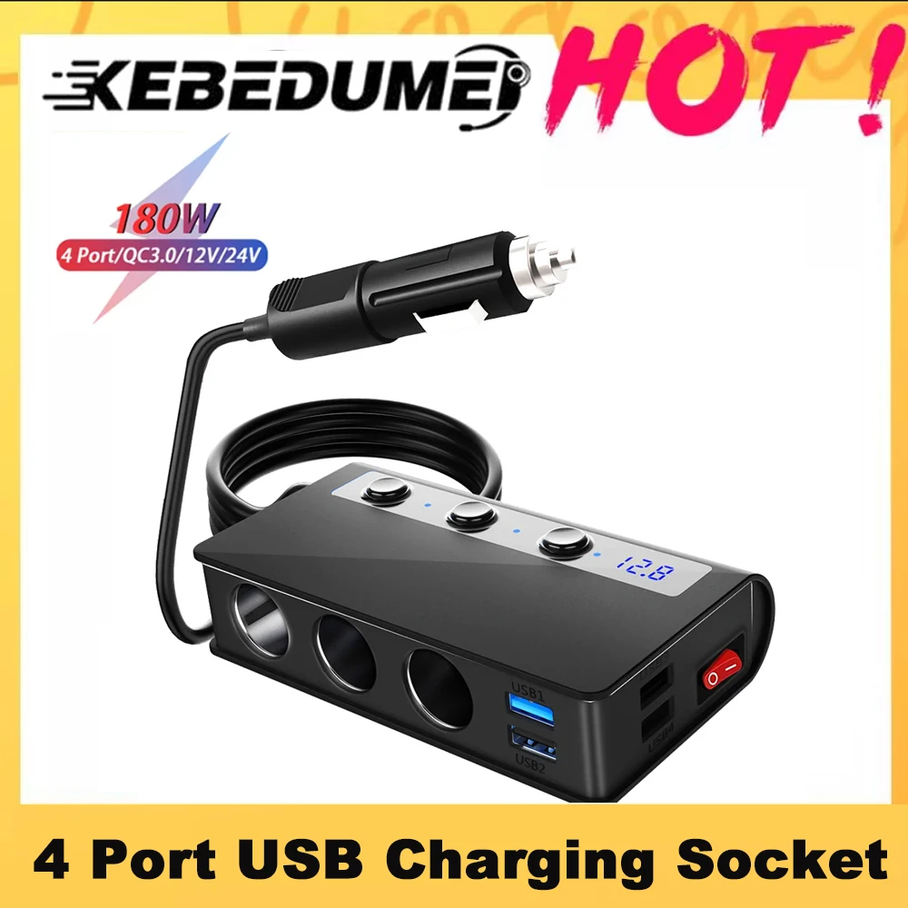 

Kebidumei 180w 12v/24v, Quick Charge 3.0 Car Charger with LED Voltage Display, Upgraded On Off Switch Car Interior Accessories