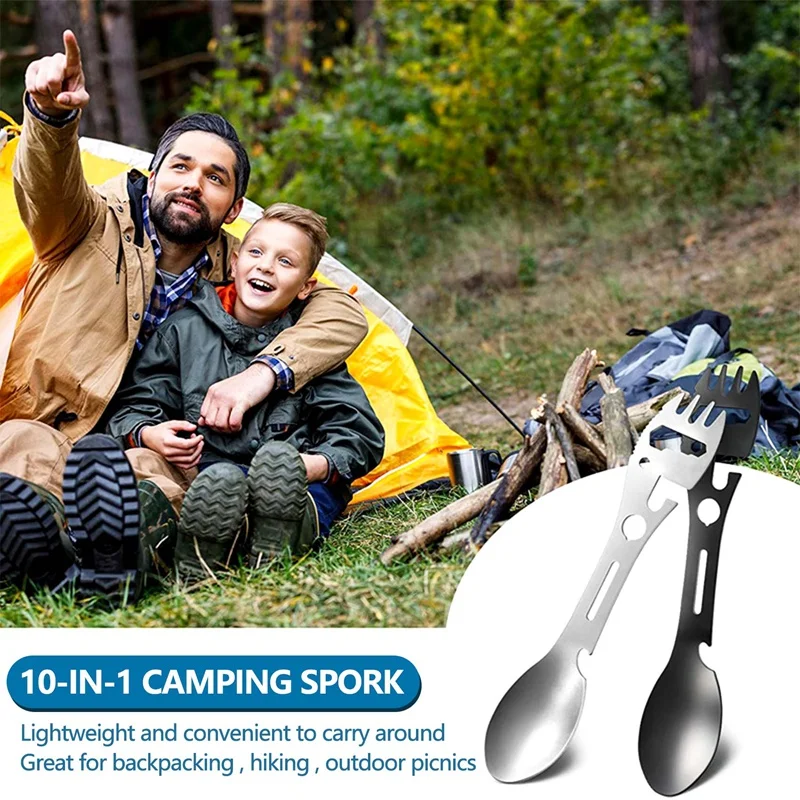 6A-4Pcs 10In1 Camping Spork Multi-Functional Spork Spoon Can Opener Serrated Wrench For Outdoor Hiking Backpacking