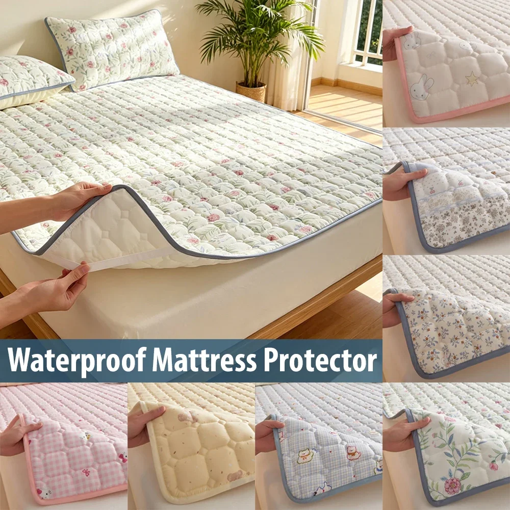 1PC Waterproof Mattress Protector with Elastic Bands Plaid Floral Design Mattress Protector Suitable for Bedroom Guest Room 매트리스