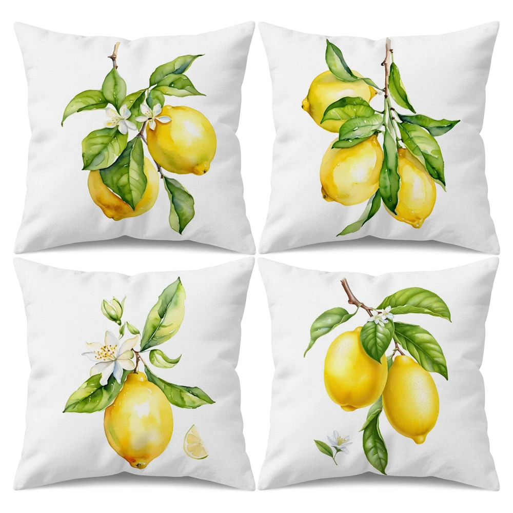 

Set of 4 Lemon Decorative Pillow Covers 18x18 Inch, Double-Sided Printed White Linen Summer Outdoor Cushion Covers for Sofa