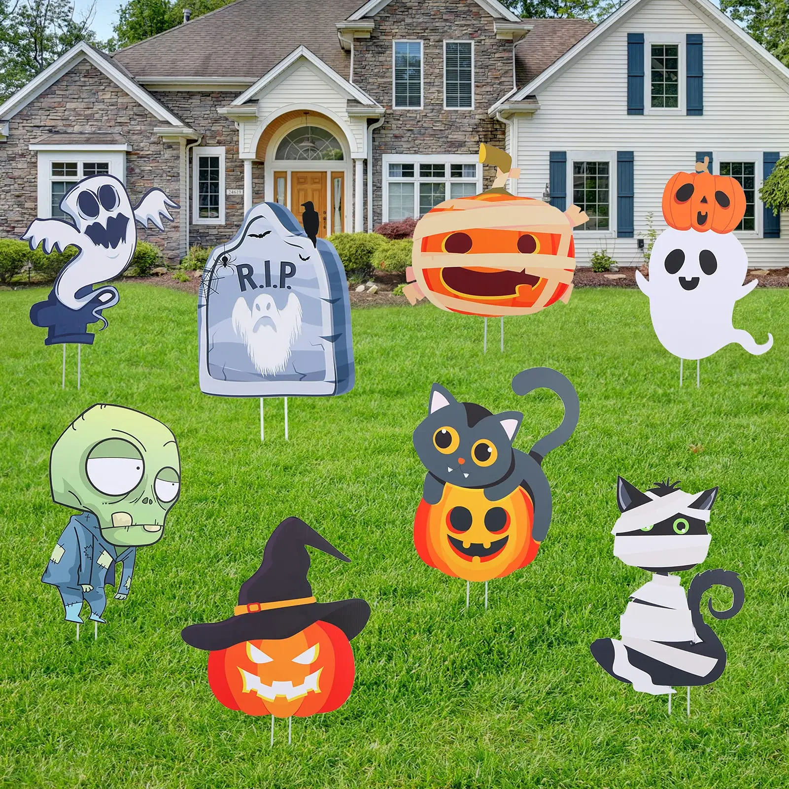 

Halloween Yard Signs 8Pack Pumpkin Skeleton and Ghost Corrugated Outdoor Lawn Garden Stake Decorations Trick or Treat Stake