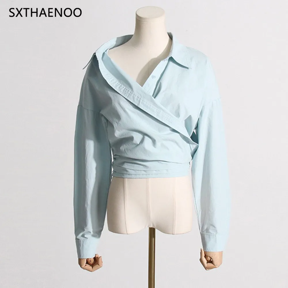 SXTHAENOO Solid Irregular Designer Blouses For Women Lapel Long Sleeve Patchwork Button Casual Blouse Female Fashion Clothing