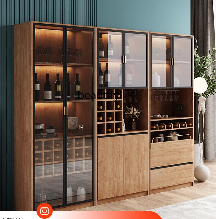 

Nordic Solid Wood Wine Cabinet Glass Door Wall Side with Light Display Cabinet Modern Minimalist Living Room Locker