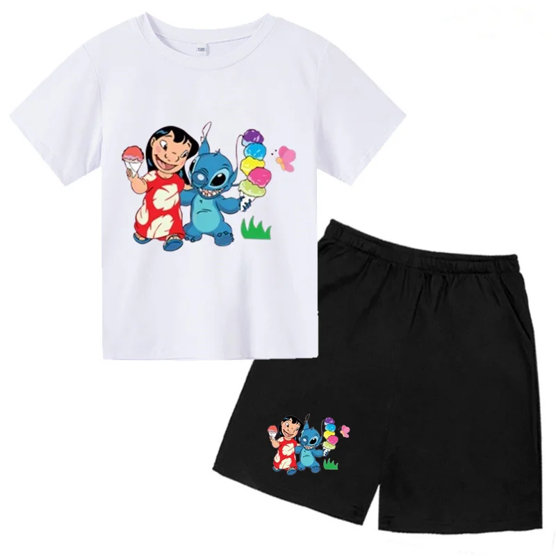 Disney Lilo Stitch Kids T-shirt sets Kawaii T-shirt Anime Cartoon Kids Casual Clothing 2-piece set Kids Girls Boys Fashion Y2K