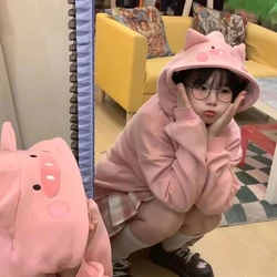 Harajuku Kawaii Pig Zip Coat Pink Hoodie Women Cute Fleece Hooded Jacket Teen Girls Winter Oversized Long Sleeve Outerwear Y2k