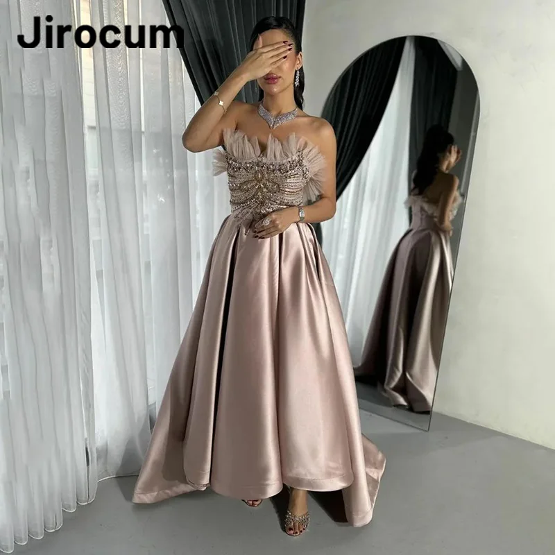 

Jirocum Saudi Elegant A-Line Prom Dress Women's Strapless Satin Beaded Party Evening Gown Ankle Length Formal Occasion Gowns
