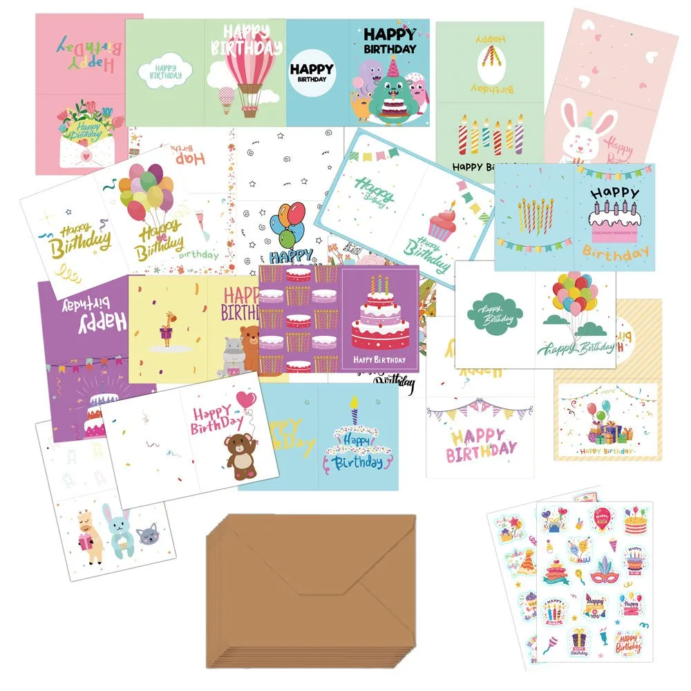 20-Pack Birthday Greeting Cards Set with Envelopes and Stickers,Cartoon Pattern, Multi-Design Paper Cards for Any Recipient