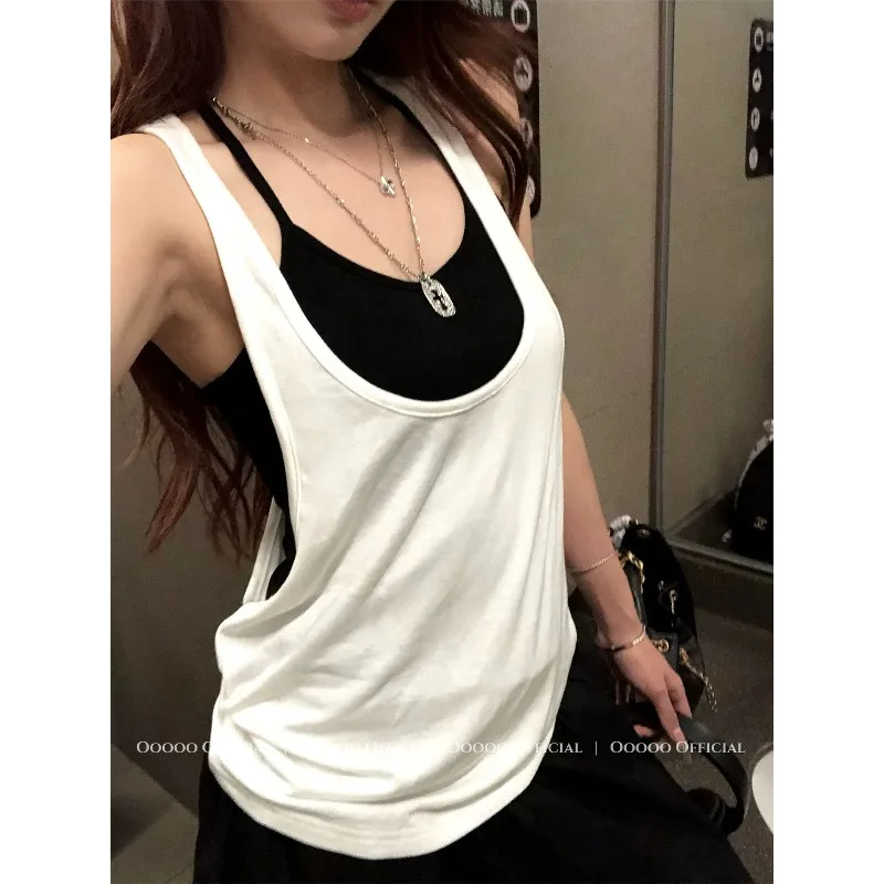 Fashion High-end Black and White Trendy Stacking 2026 Summer New Ins American Spice Contrasting Colors Real Two-piece Sling Vest