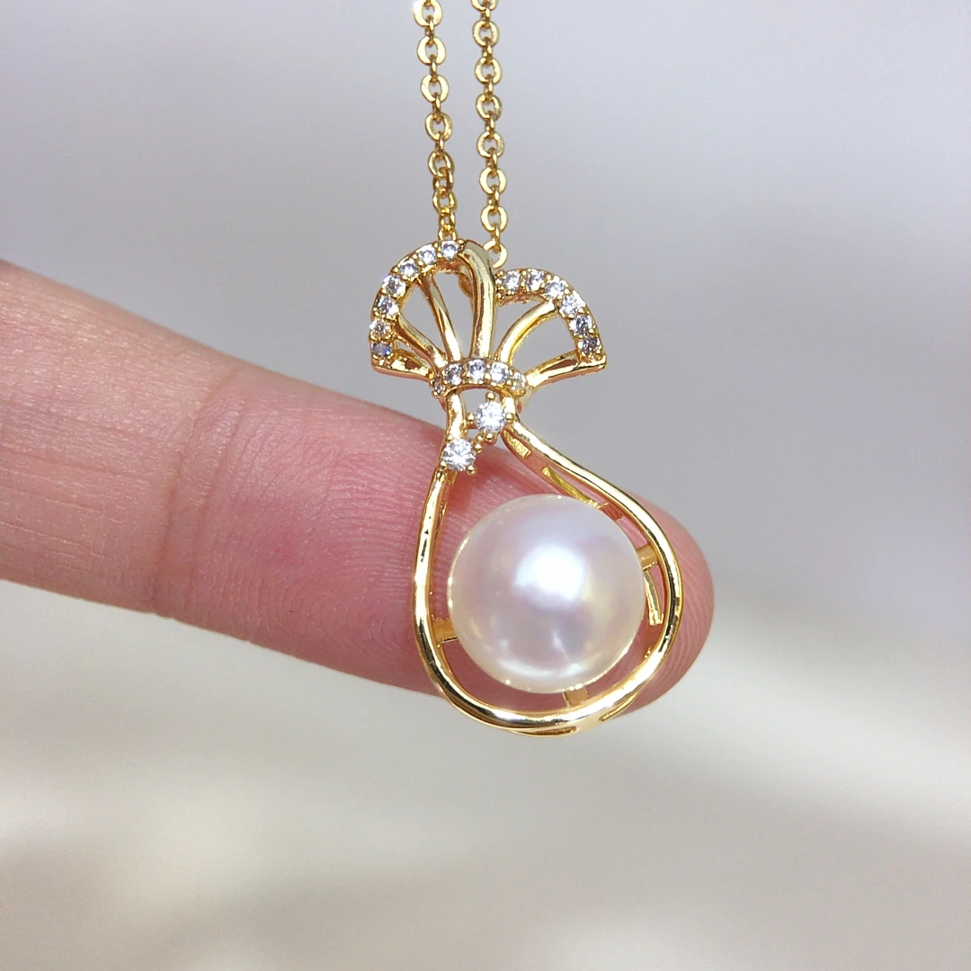 9-10mm Freshwater Pearl Simple Fashion Money Bag Pendant Necklace with Zircon High Jewelry Wholesale 2025 New Collection Gift