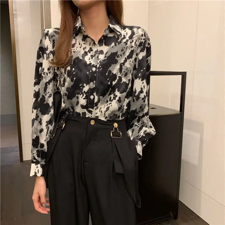 Spring and Autumn New Vintage Ink Printing POLO Collar Loose Long Sleeve Shirt for Women's Fashion