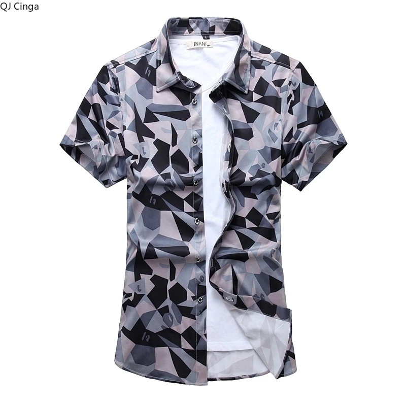 

2025 Summer Men's Short-Sleeved Printed Shirt, Beach Style Casual Shirt, Turn-Down Collar Single-Breasted Top, Polyester Fabric.